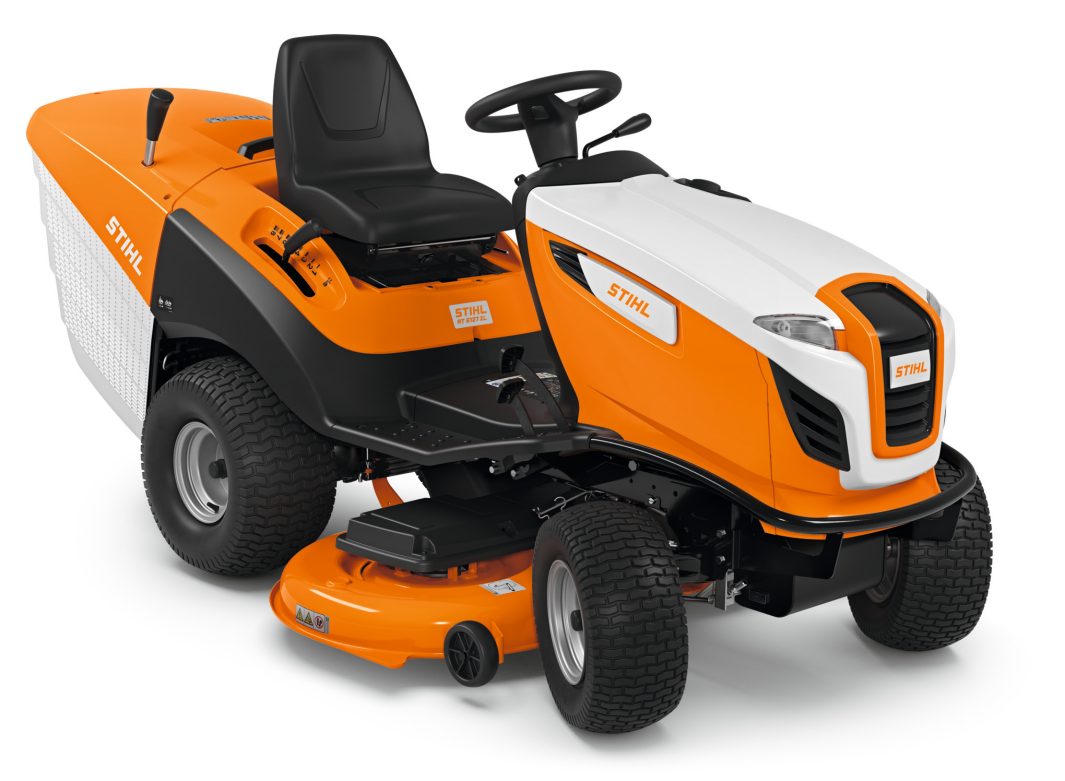 The Stihl RT 6127.1 ZL Ride-on Mower has an orange and white body, black seat and steering wheel, with a large rear grass compartment.