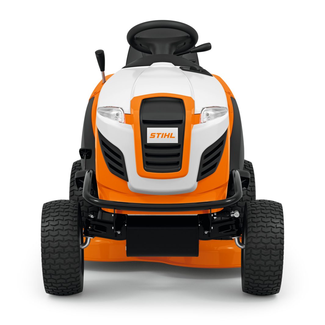 Front view of the Stihl RT 5097.1 Z Ride-on Mower in orange and white with large tyres, steering wheel, and prominent grille on white.