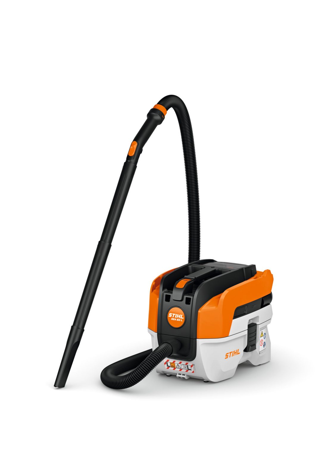 The Stihl SEA 50 (AK) Vacuum Cleaner features an orange-white casing, black flexible hose, extension tube, handle, and control buttons.
