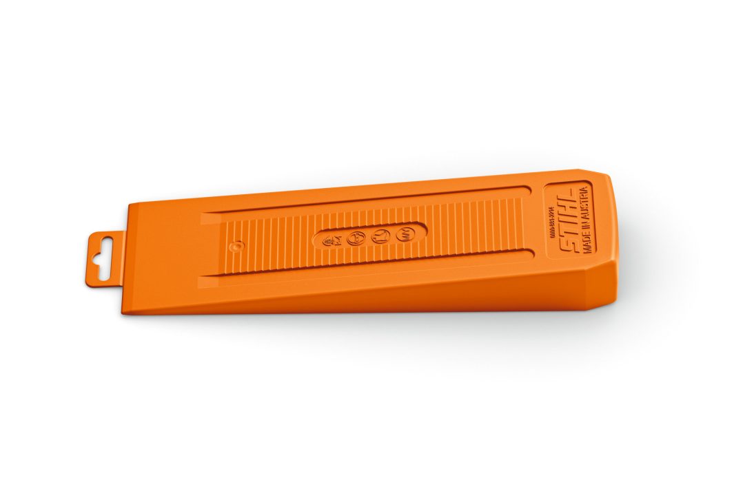 The Stihl Felling and Cutting Wedge 19cm is an orange plastic tool with a textured grip, markings on top, and a hanging hole.