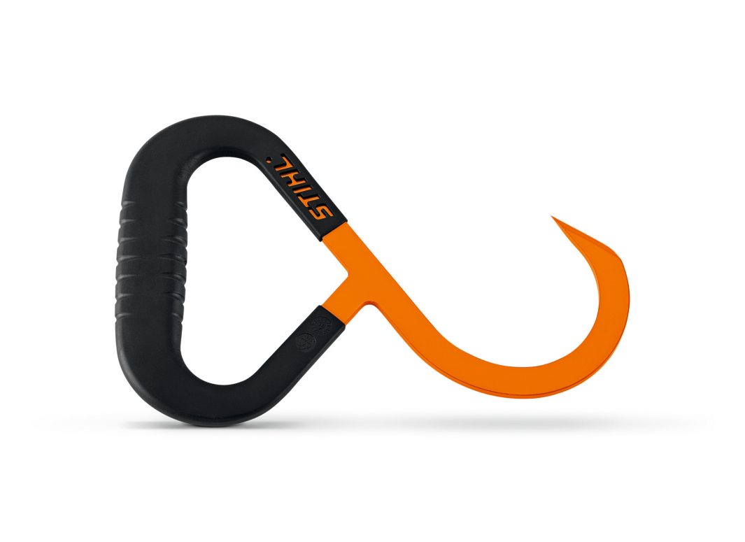 The Stihl FZ 10 drag hook features a black ergonomic handle and orange curved metal hook, ideal for handling logs, on white background.