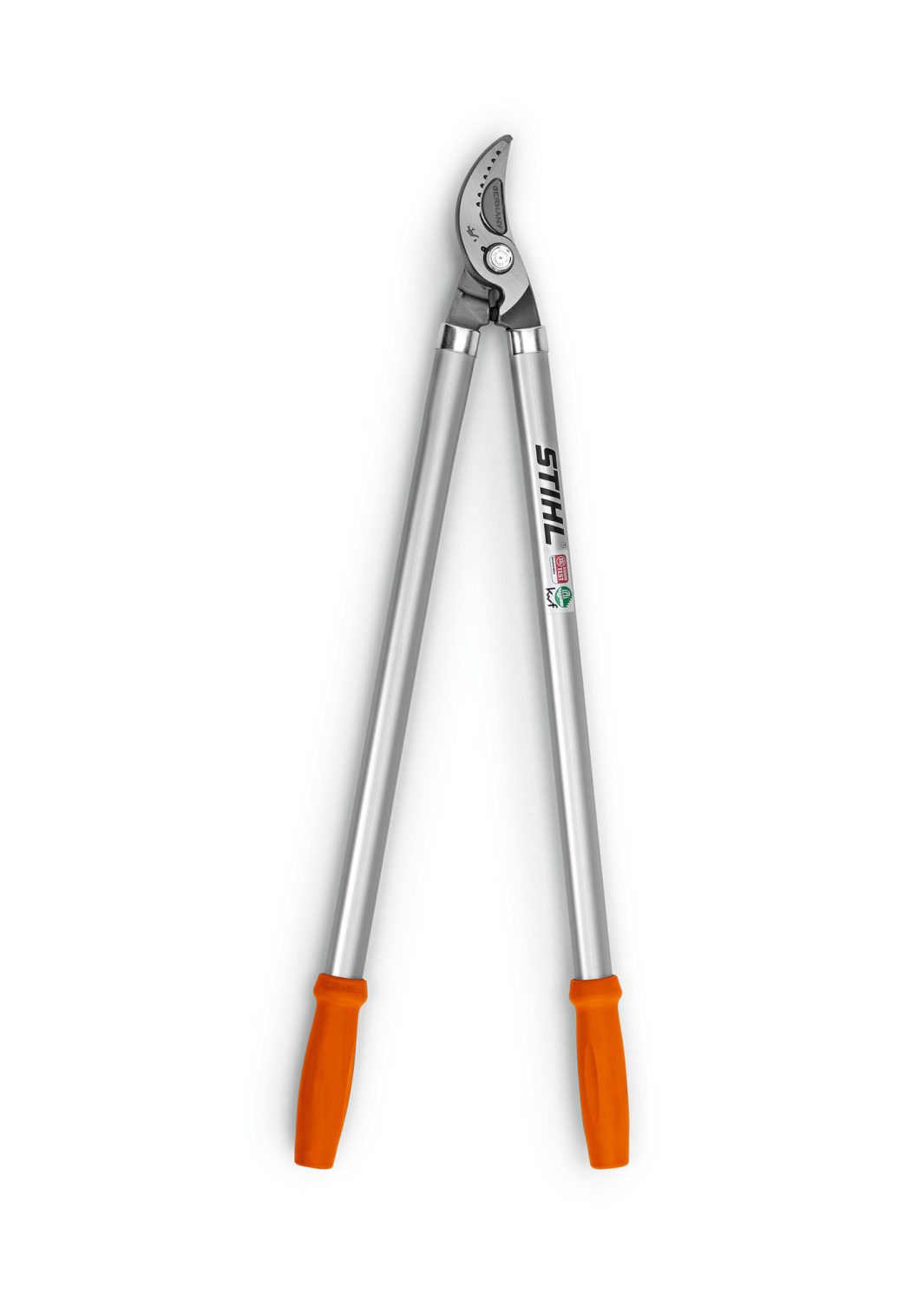 The Stihl PB 11 Pruning Shears have silver blades, orange handles, and a curved edge, displayed against a white background.