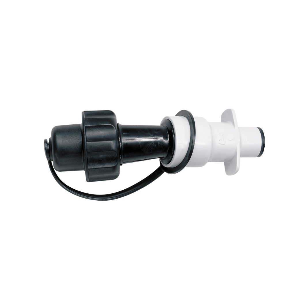 The Stihl Filling System for chain oil is a black and white plastic valve fitting with a screw cap and sealing ring.