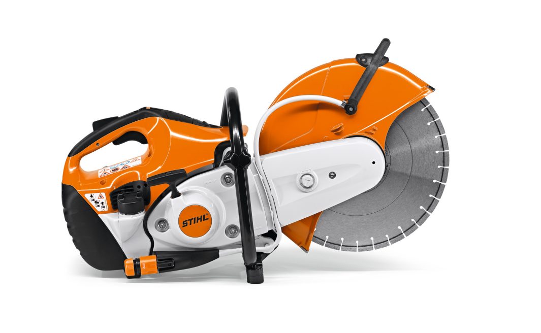 A Stihl TS 410 30cm/12" Cut-off Saw in orange, white, and black with a large silver blade is shown from the side on a white background.