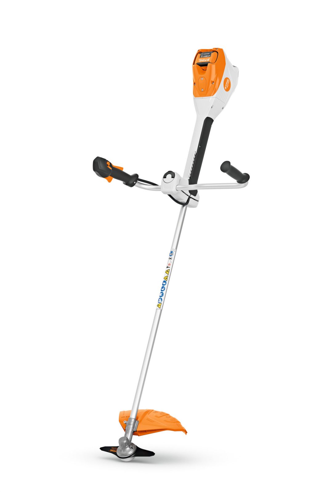 A white and orange Stihl FSA 200.0 (AP) Brushcutter with a loop handle and metal blade stands upright against a plain background.