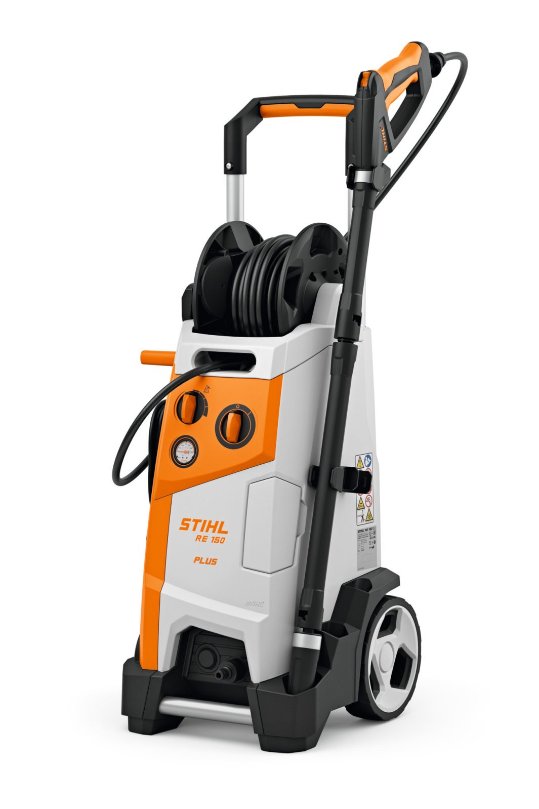 The Stihl RE 150.0 PLUS Pressure Washer has a sturdy handle, large wheels, hose reel, and easy controls in orange and white.