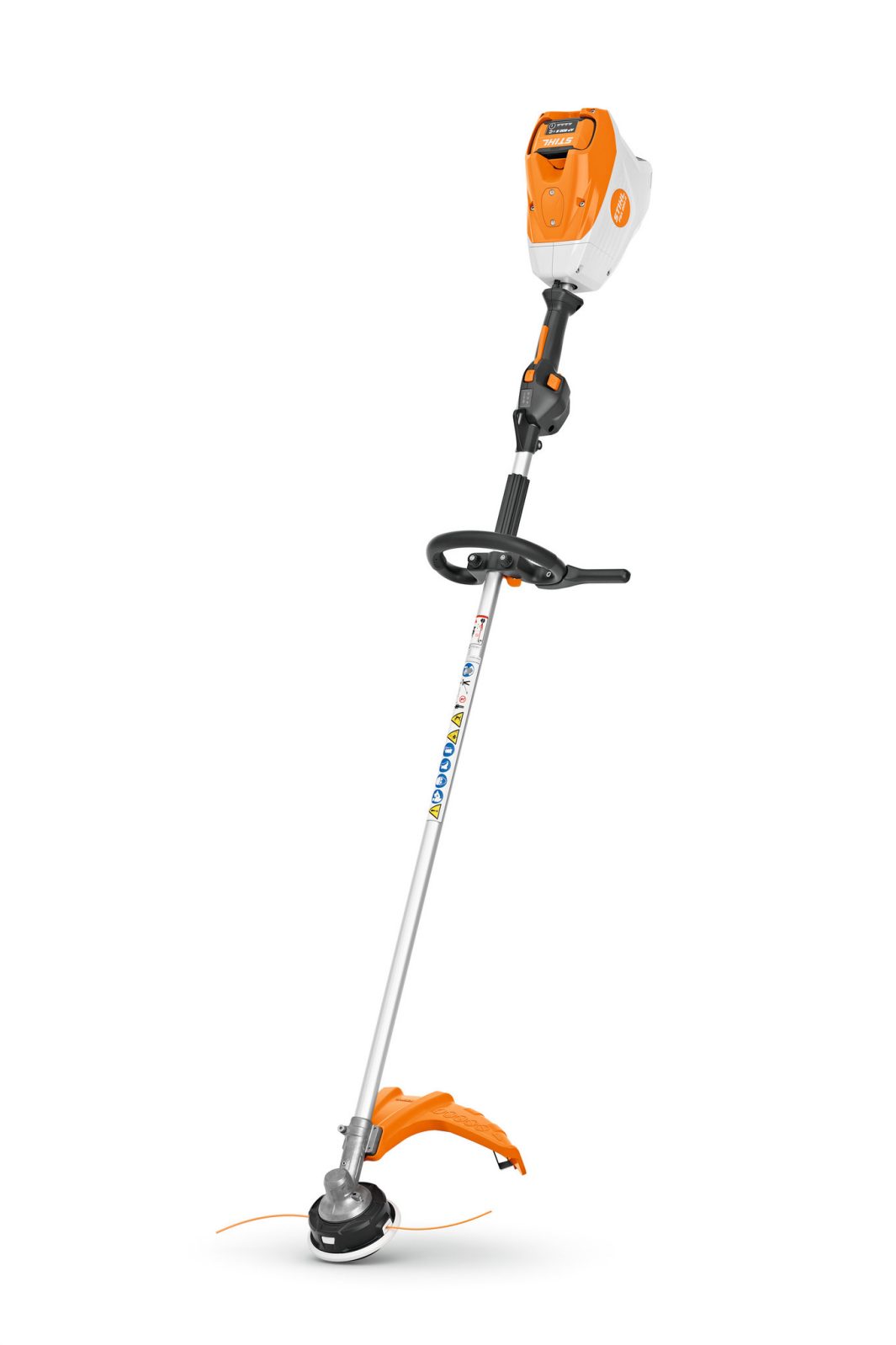 The Stihl FSA 200 R (AP) Brushcutter is a battery-powered orange and white strimmer with a curved handle, silver shaft, and orange guard.