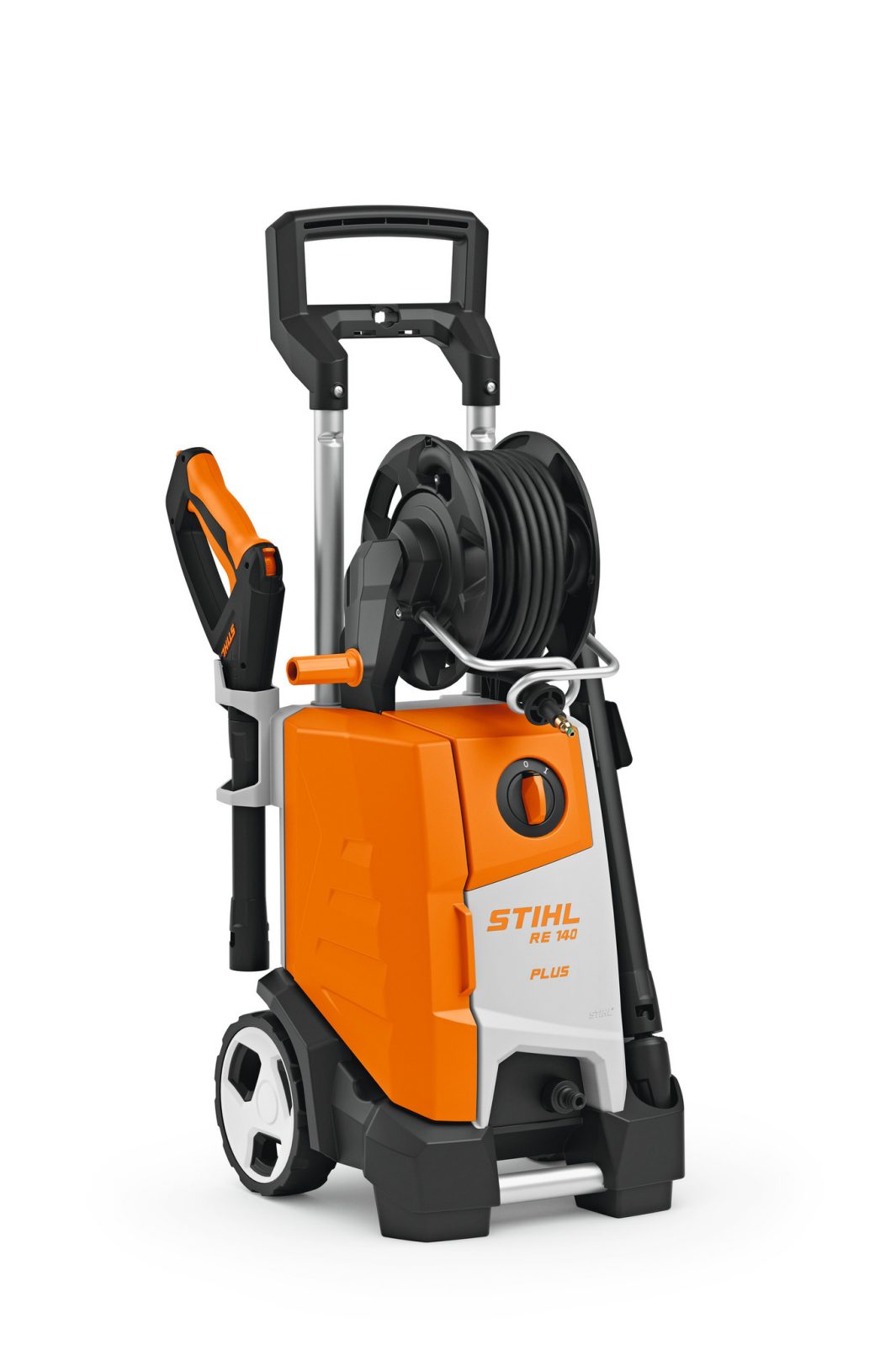 The Stihl RE 140 PLUS Pressure Washer, orange and white with a black hose reel, handle, and large wheels, on a white background.