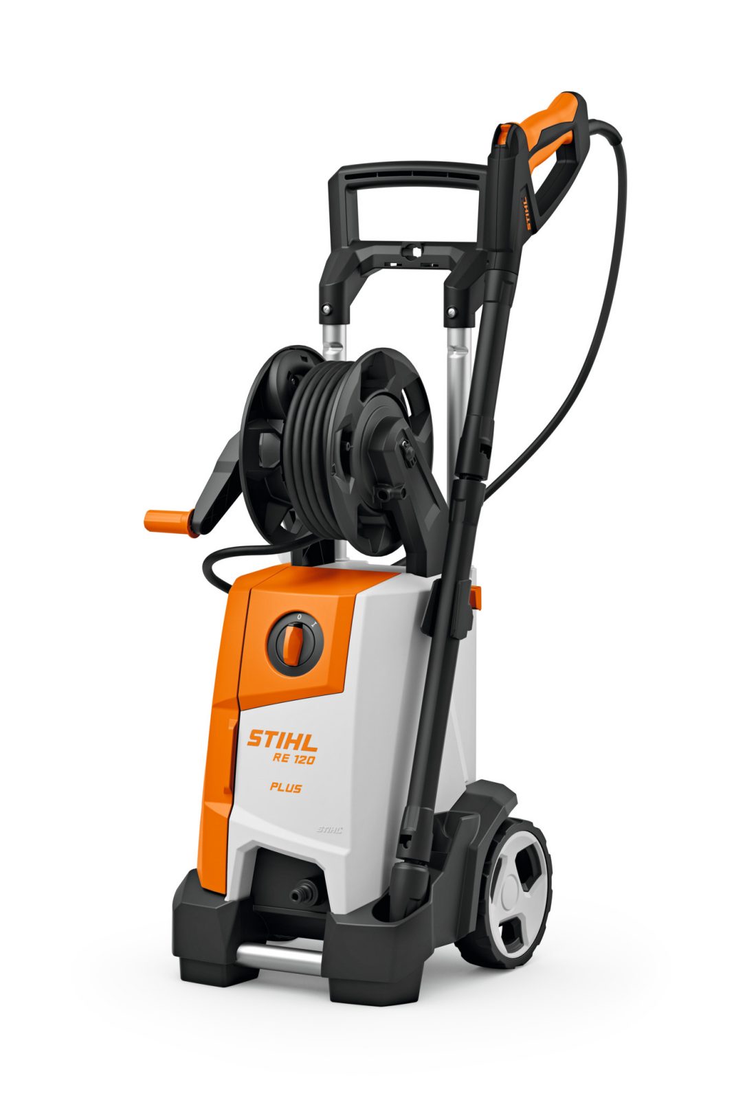 The Stihl RE 120 PLUS Pressure Washer stands upright with spray gun, wheels, hose reel, and orange-and-white design for cleaning.