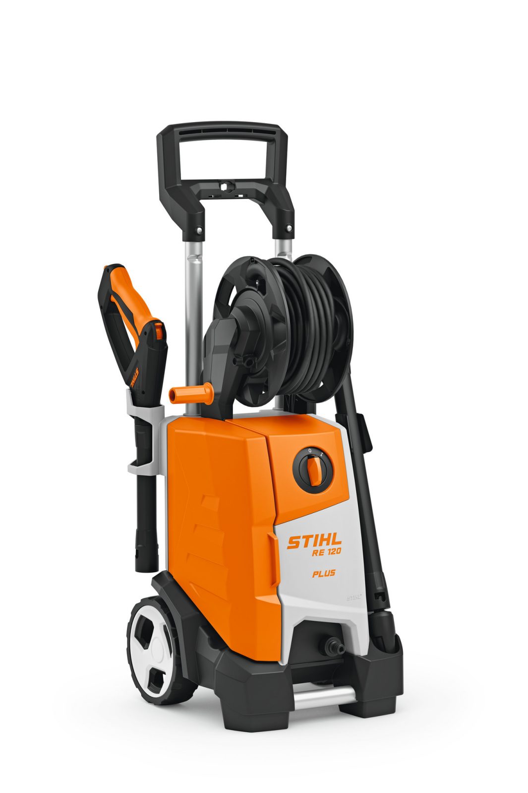 The Stihl RE 120 PLUS Pressure Washer with orange and white design, wheels, hose reel, and handle stands upright on a white background.