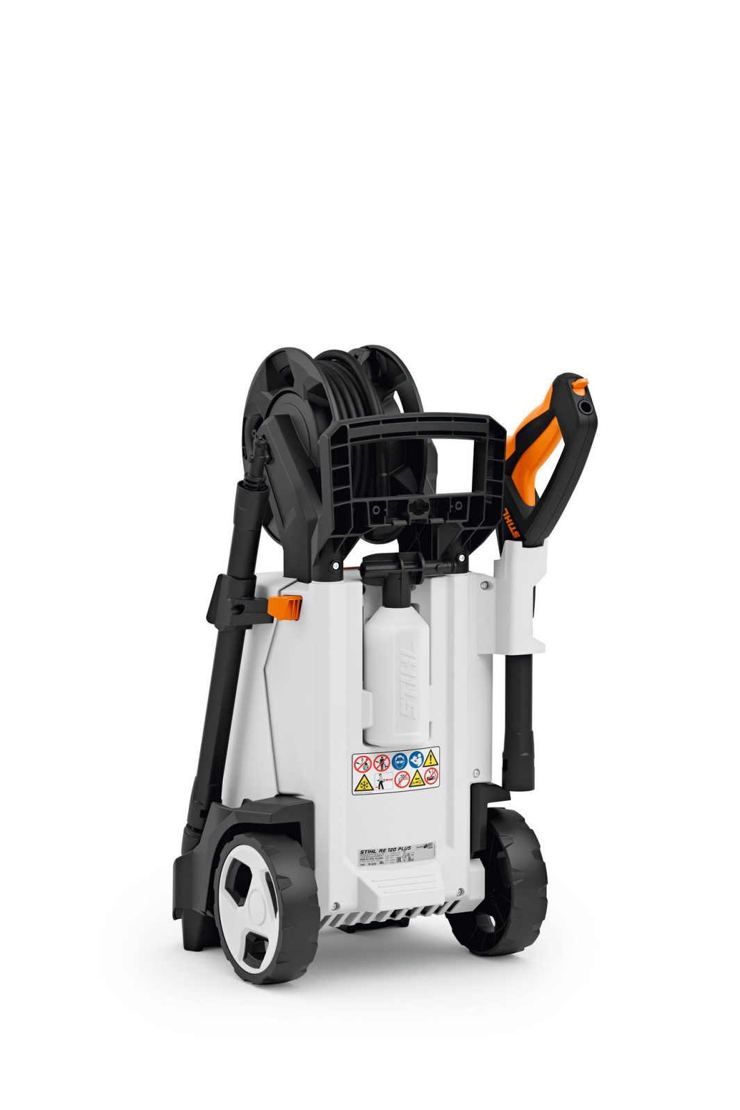 The Stihl RE 120 PLUS Pressure Washer features a white and black design, large wheels, a hose reel on top, and an orange spray handle.