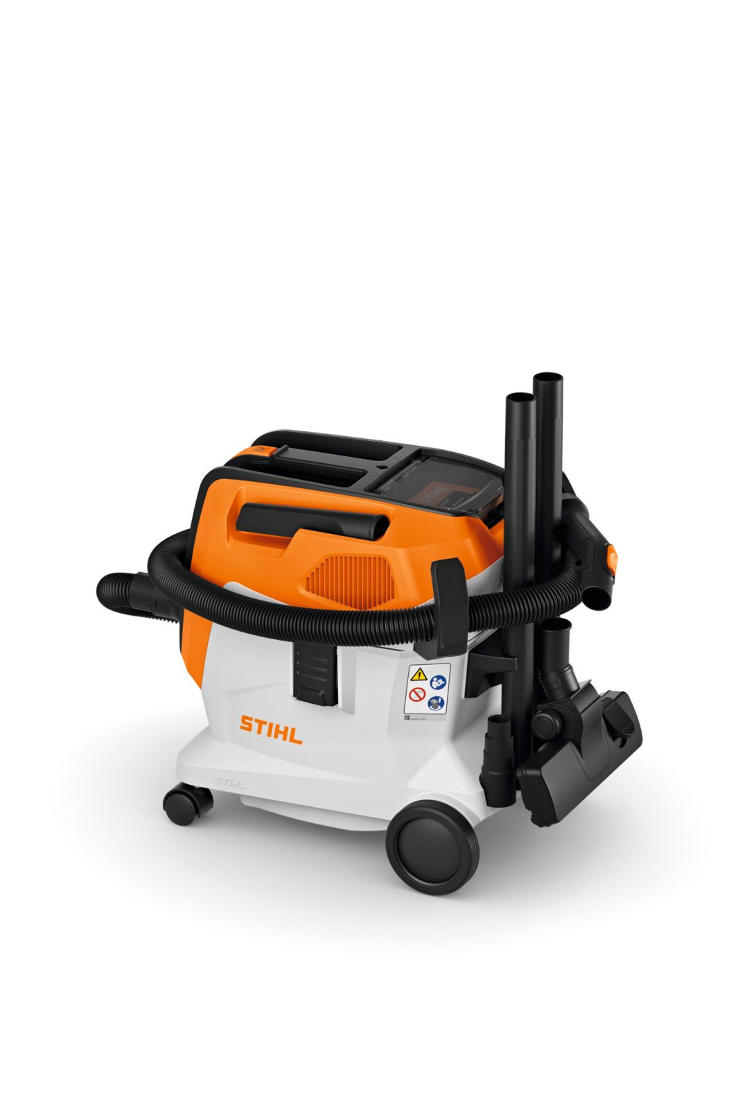 The Stihl SEA 60 Vacuum KIT features an orange and white vacuum with black hose, attachments, wheels, and a handle on a white background.