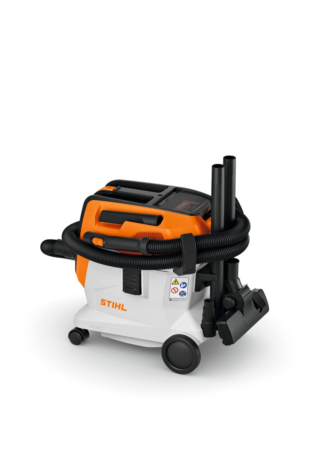The Stihl SEA 100.0 (AP) Vacuum Cleaner is a compact orange and white unit with wheels, a coiled black hose, and side attachments.