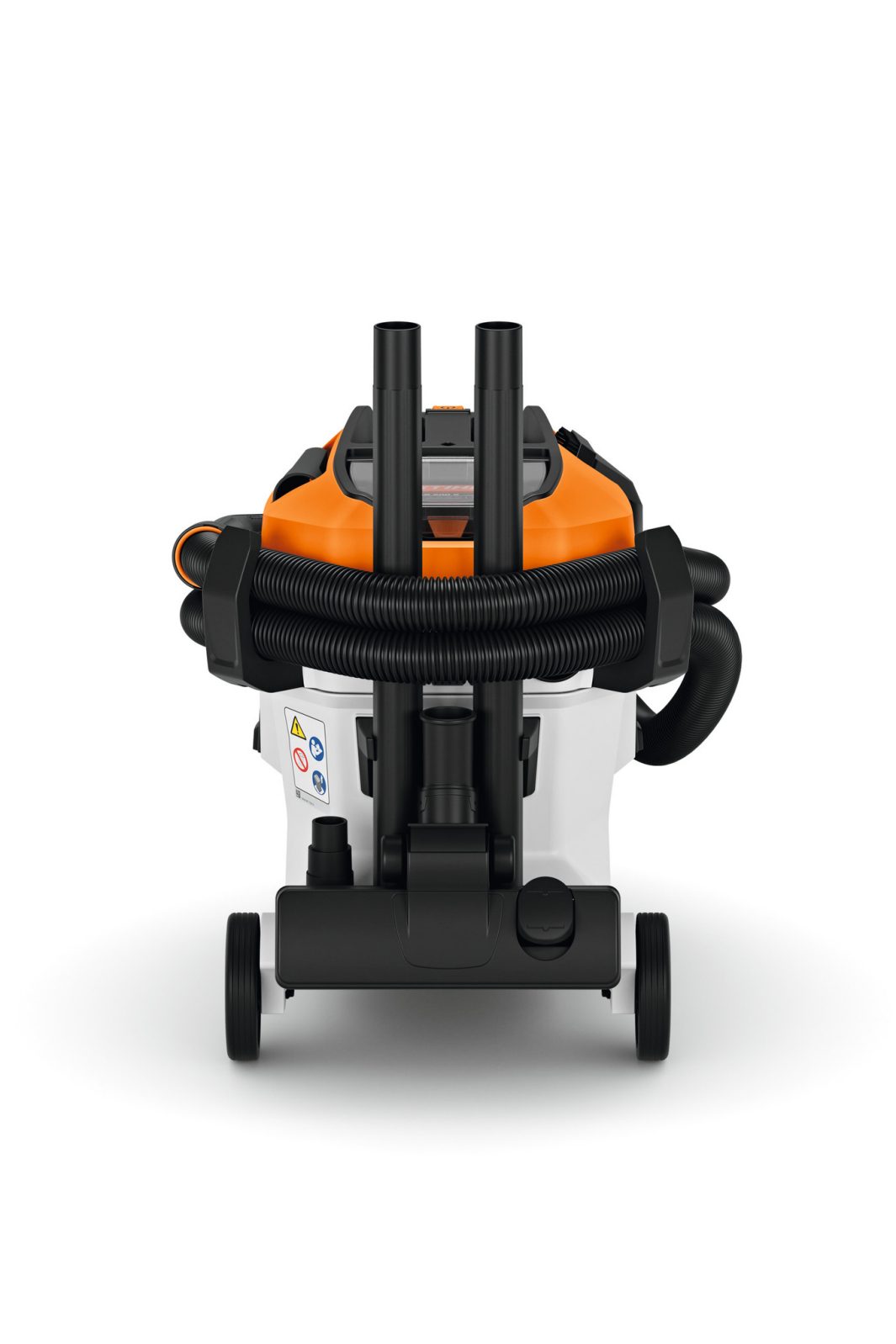 The Stihl SEA 100.0 (AP) Vacuum Cleaner has an orange and white body, front-coiled black hose, and two upright attachments.