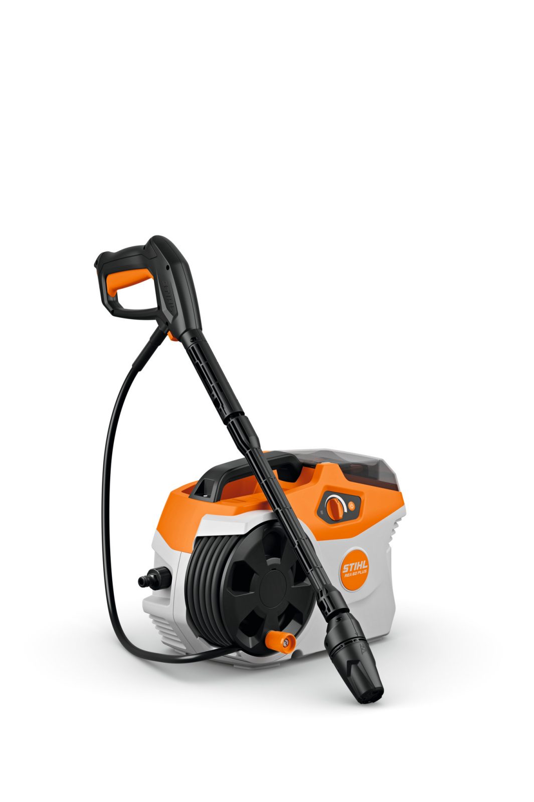 The Stihl REA 60 PLUS (AK) is a compact white, orange, and black pressure washer with coiled hose, spray gun, and attachments.