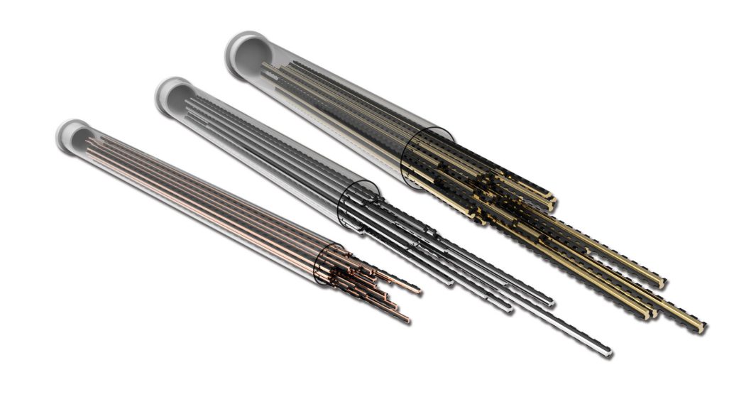 Three Stihl Line serrated gold rod tubes, each containing long, thin rods, are displayed diagonally on a white background.