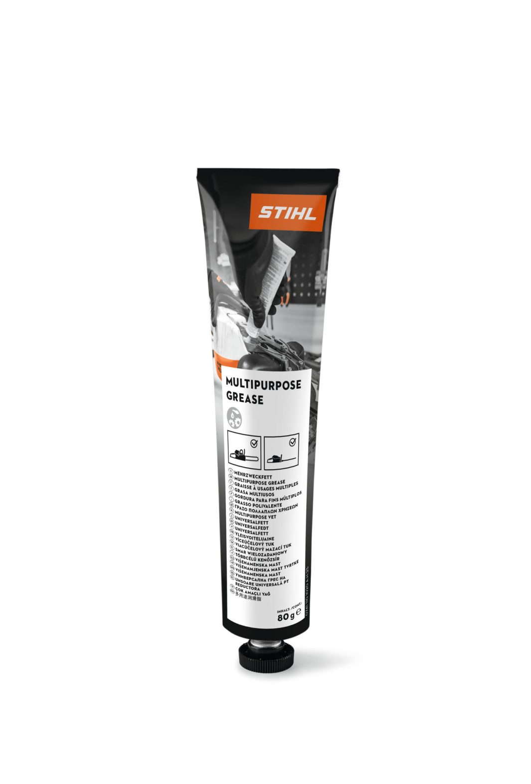 A 225g tube of Stihl Multipurpose grease stands upright on a white background. The black and white tube has orange accents.
