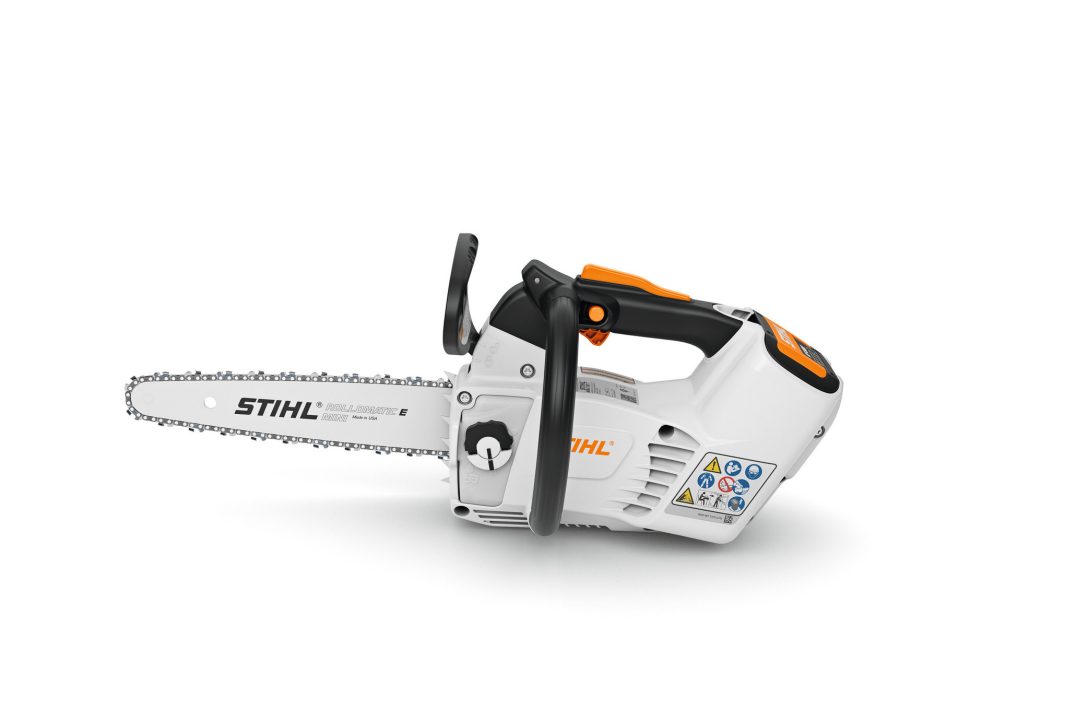 A white and orange Stihl MSA 161 T (AP) Chainsaw 25cm/10" with a black handle, metal chain, and safety labels on a white background.