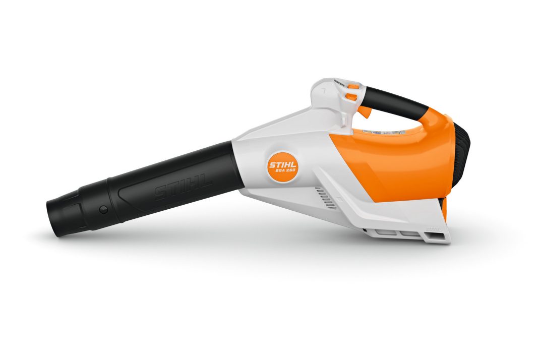 A Stihl BGA 250 (AP) Blower with a white, orange and black design and an orange grip handle is shown on a white background.