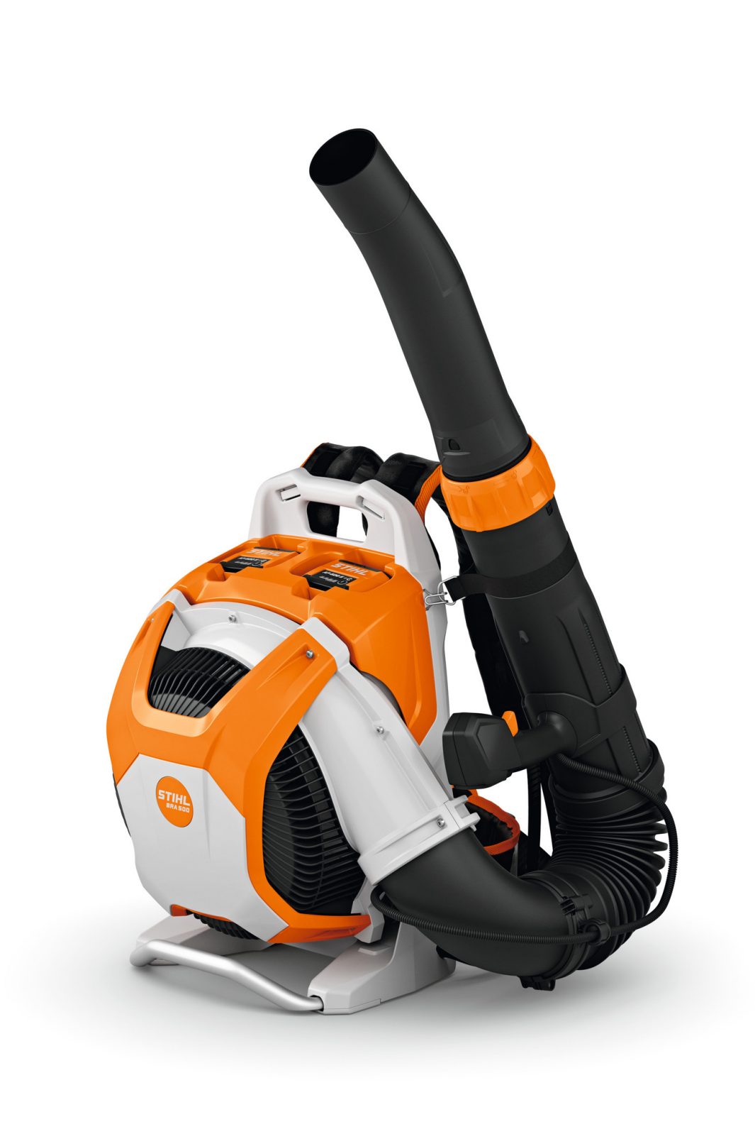 The Stihl BRA 500.0 (AP) Backpack Blower has an orange, white, and black body with shoulder straps and a large black nozzle for clearing debris.