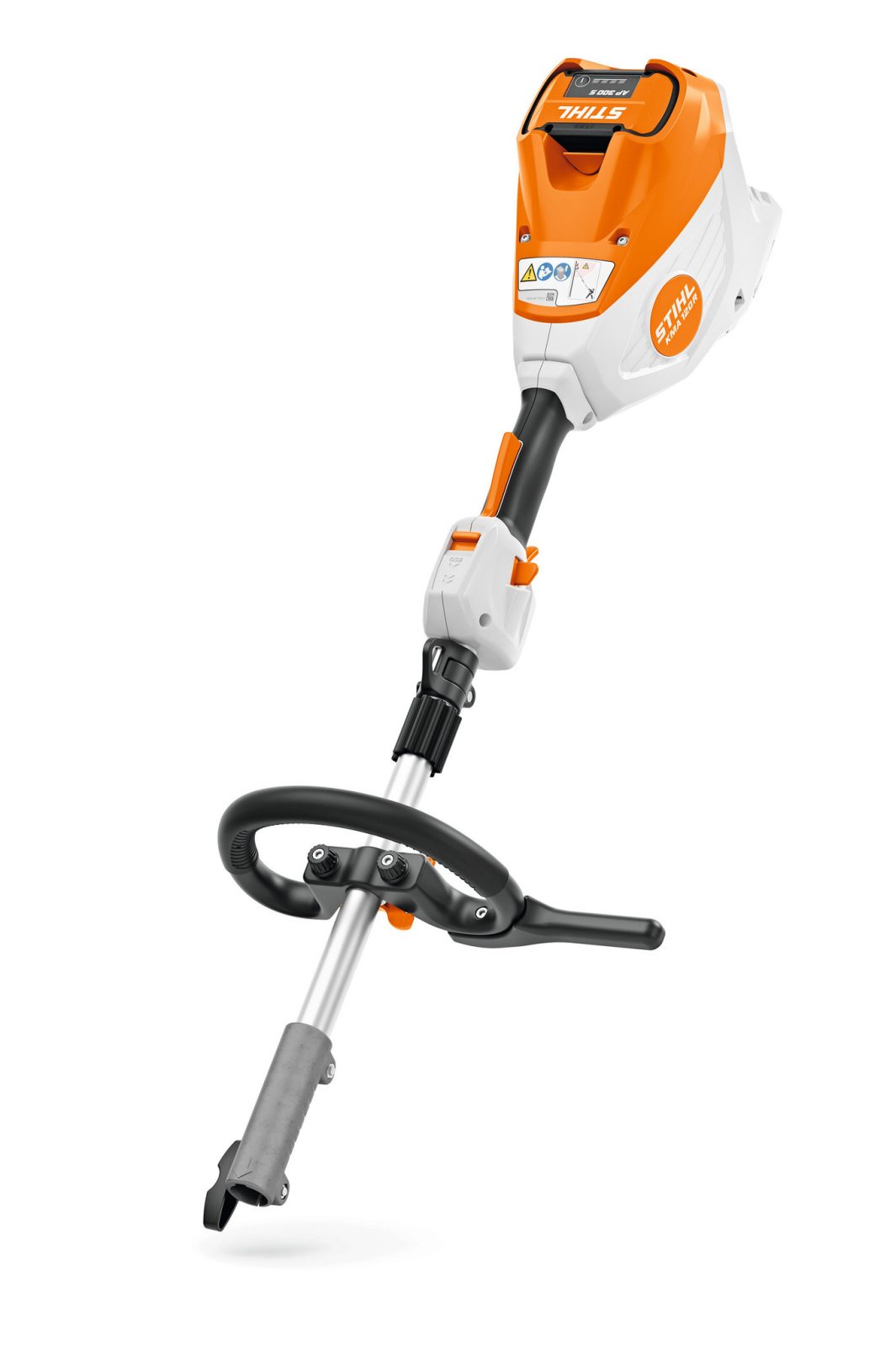 A cordless STIHL garden strimmer with an orange and white motor housing, loop handle, and metal shaft on a white background.