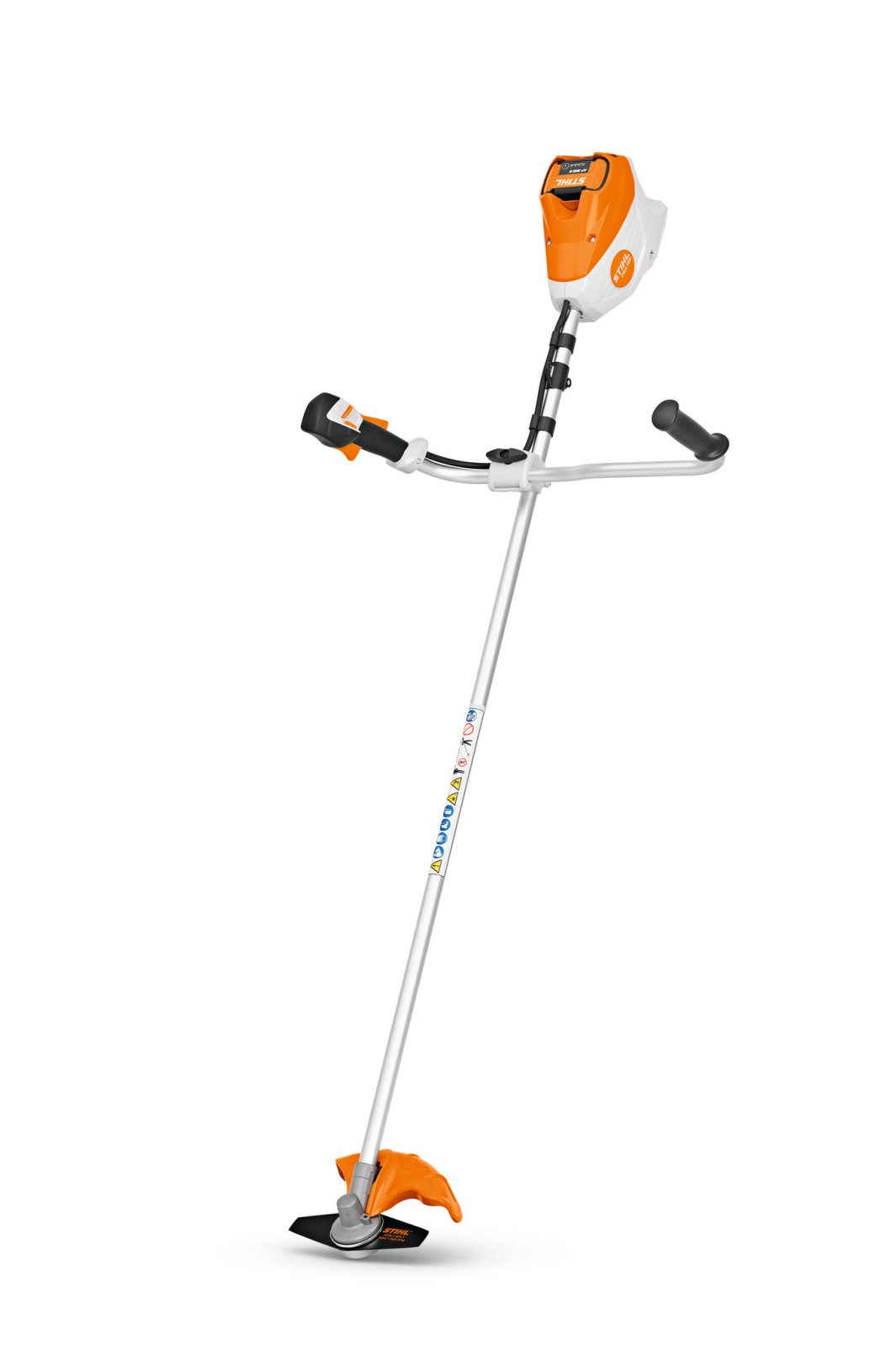 A battery-powered brushcutter with an orange and white motor housing, long silver shaft, bicycle handles, and black cutting blade.