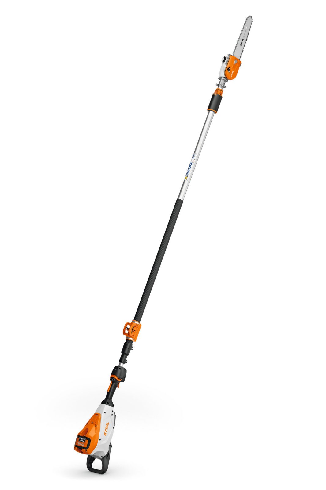A battery-powered pole saw with an extendable handle in orange, white, and black. Saw blade at the top end for pruning branches.