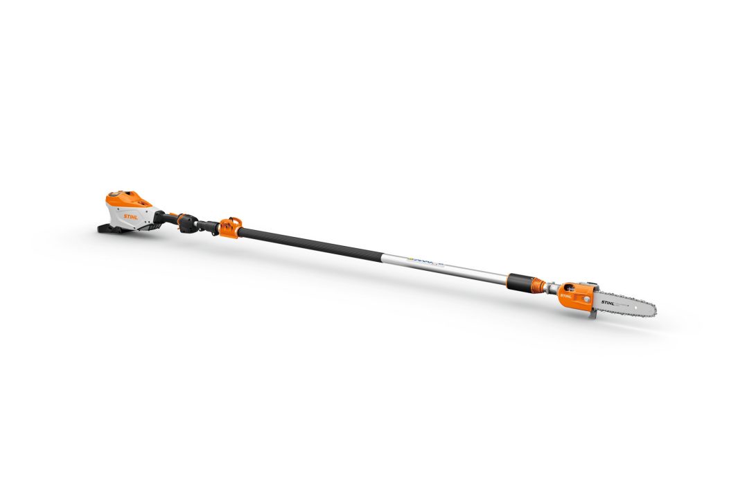 A telescopic pole saw featuring an orange and white motorised handle and a small chainsaw blade, made for trimming tree branches remotely.
