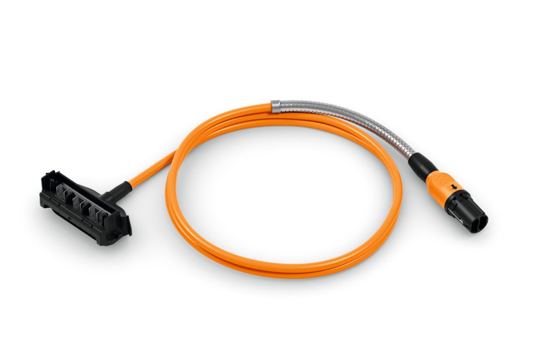 An orange electrical cable with a black connector on one end and a rectangular black plug on the other, on a white background.