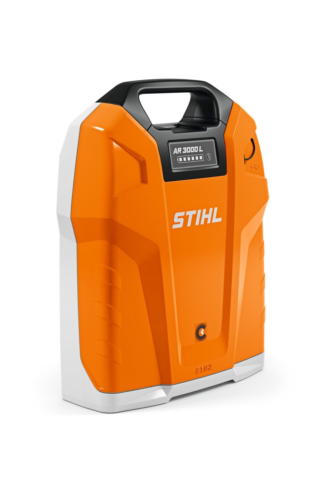 An orange and white STIHL AR 3000 L battery pack with black handle, indicator panel, and rugged design stands upright on a white background.
