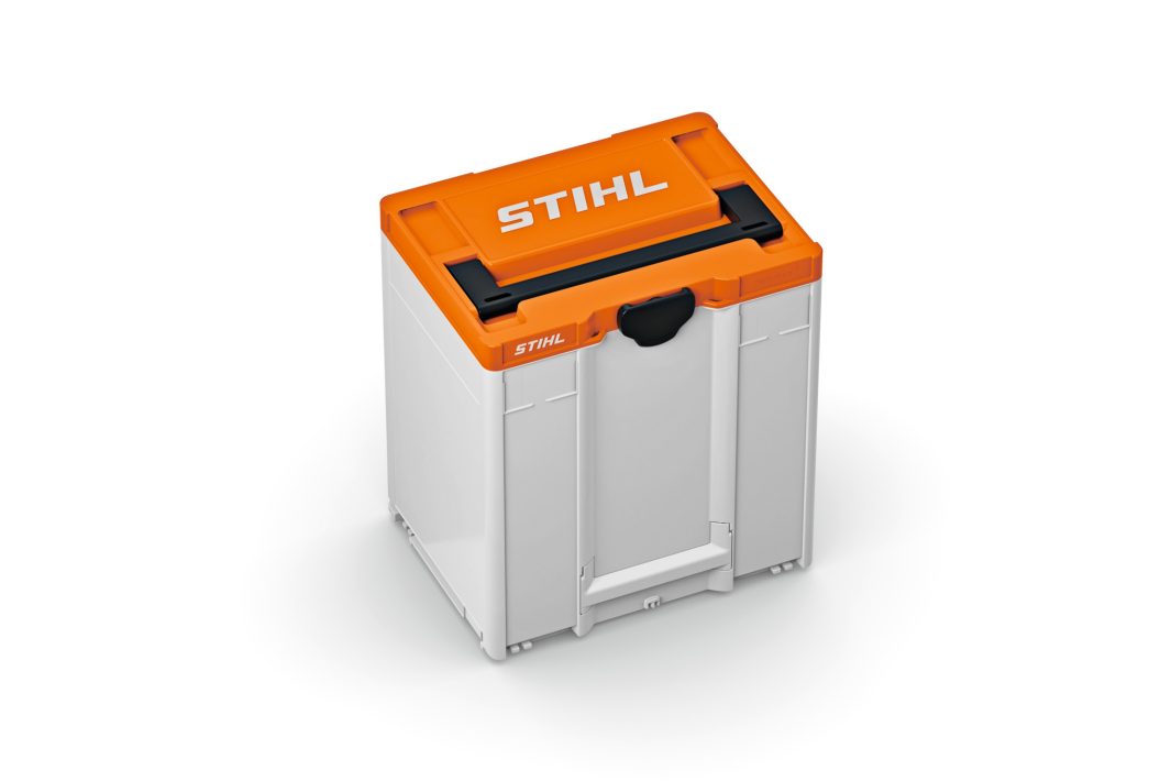 A white and orange plastic storage box with a black handle and secure catch on the front.