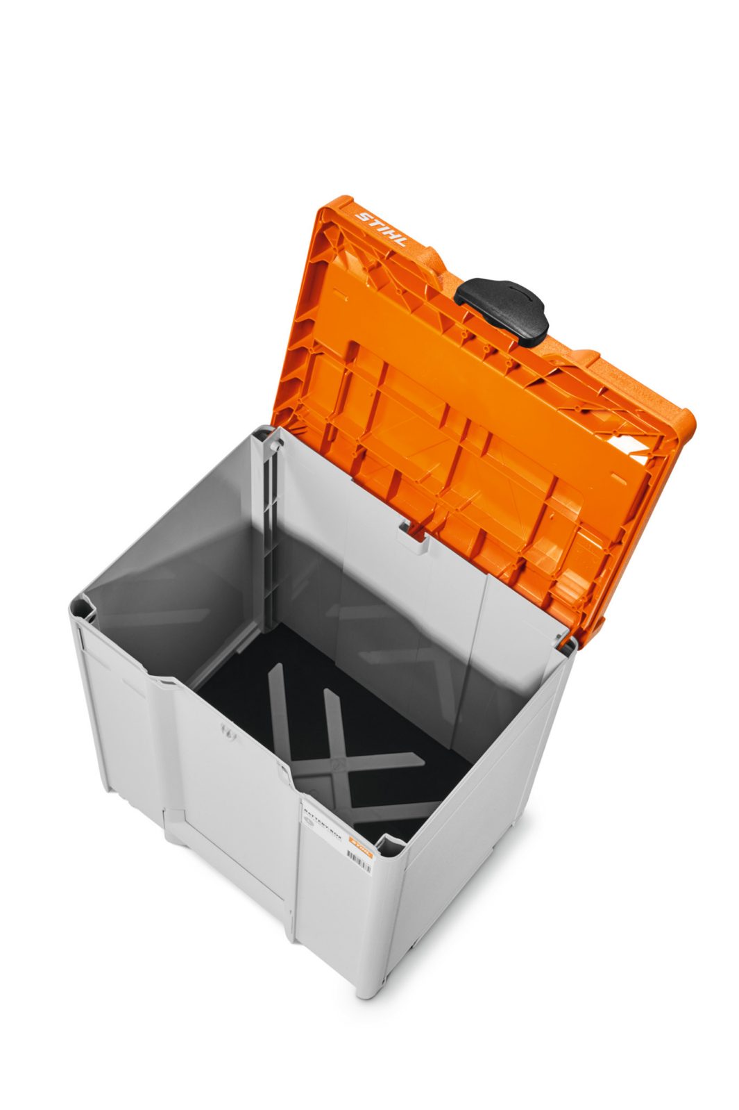 An open, empty storage box with a grey body and orange lid, seen from above at an angle. Lid is open, revealing a black base inside.