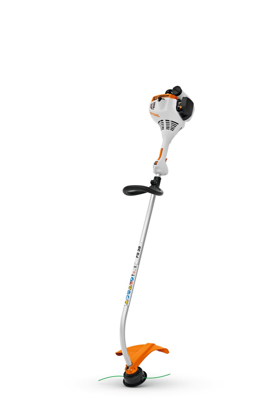A Stihl FS 38 Brushcutter with a white and orange body, curved shaft, black handle, and visible cutting line stands upright on white.