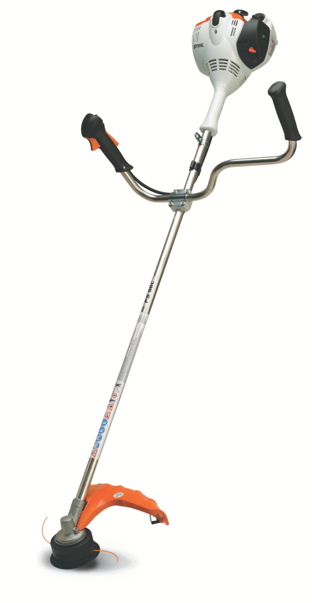 The Stihl FS 56 C-E Brushcutter AutoCut 26-2 is a petrol-powered tool with a curved shaft, black/orange handles, and an orange guard.