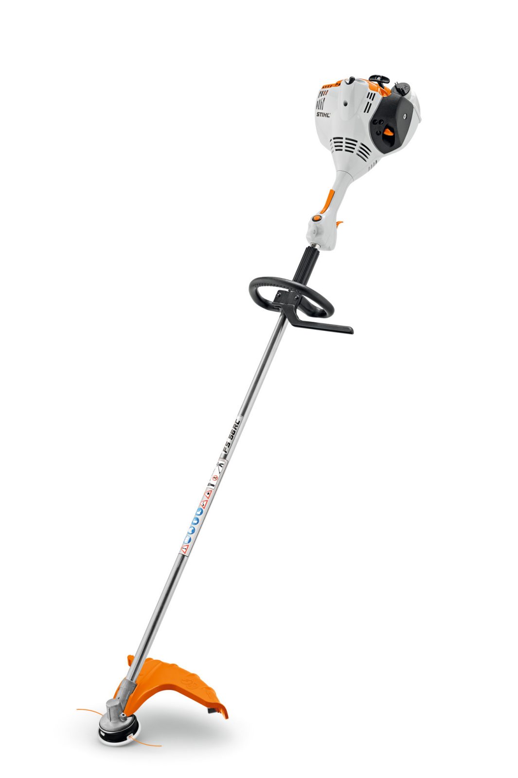 The Stihl FS 56 RC-E Brushcutter has a white and orange engine, long shaft, adjustable handle, and black and orange cutting head.