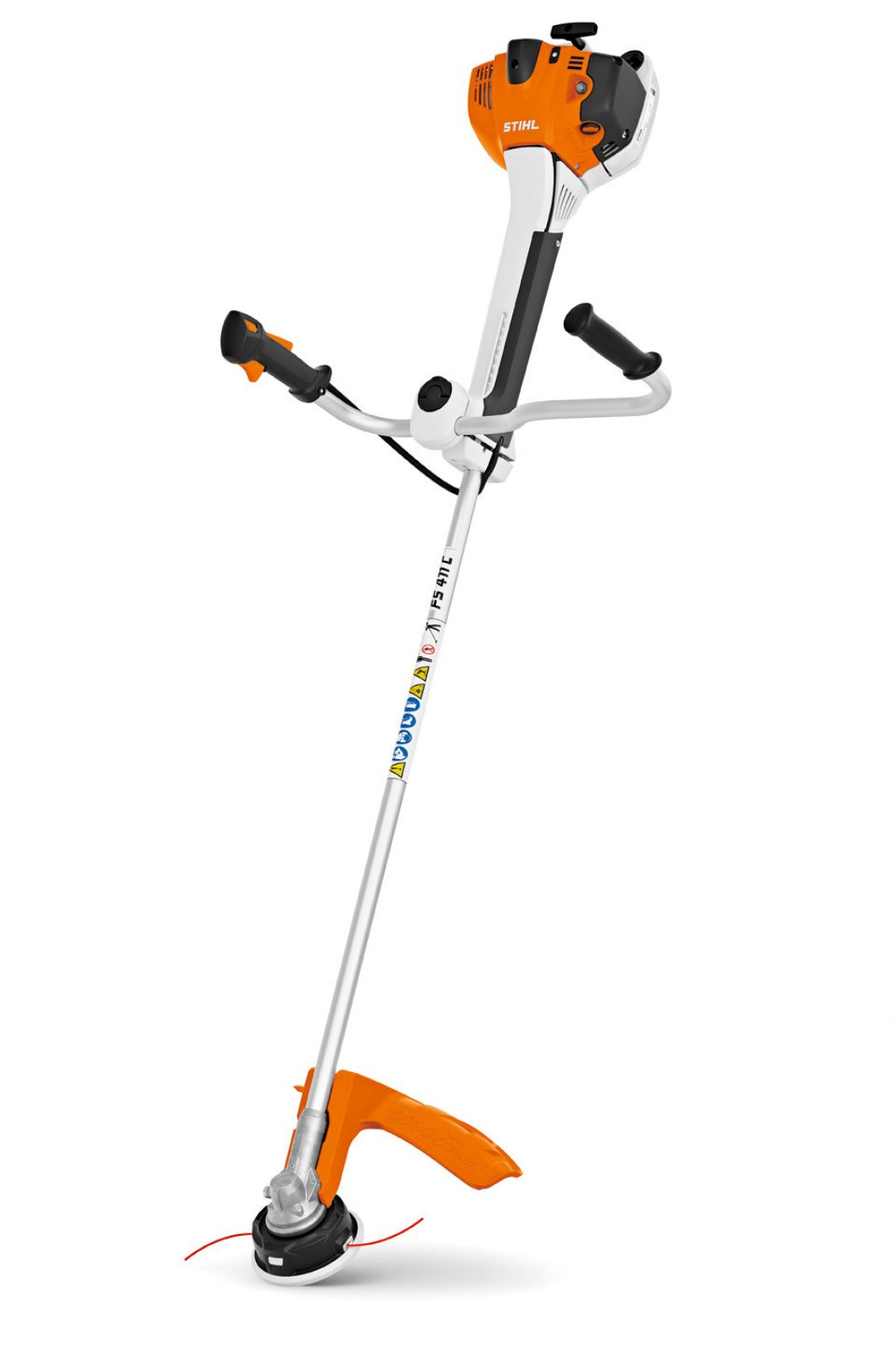 The Stihl FS 411.0 C-EM brushcutter has an AutoCut 46-2 head, orange and white engine, black handles, metal shaft, orange guard, and red trimming lines.