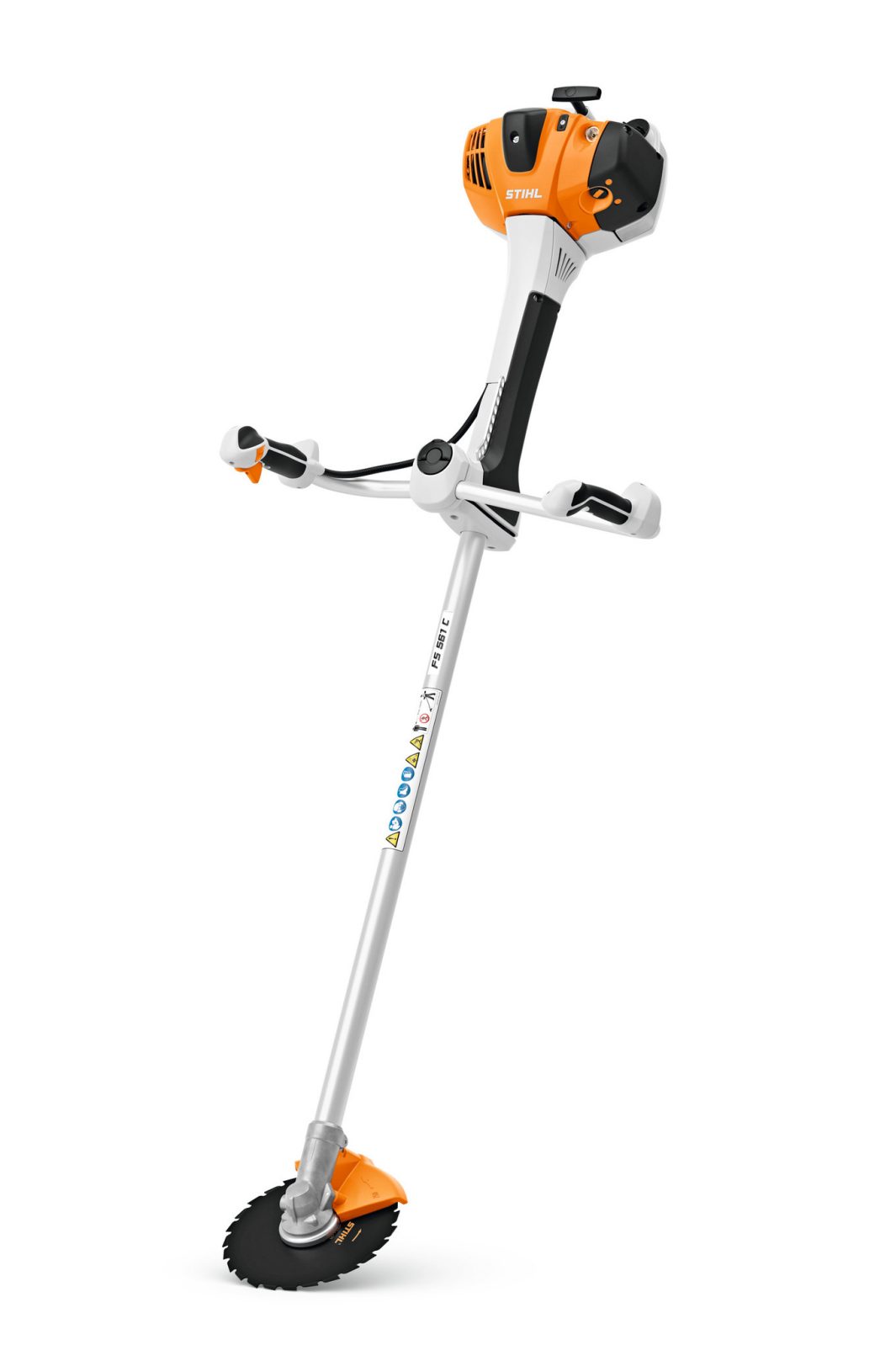 A Stihl FS 561.0 C-EM,MZ 225-24 brushcutter with an orange and white engine, black handles, and a circular saw blade on a silver shaft.