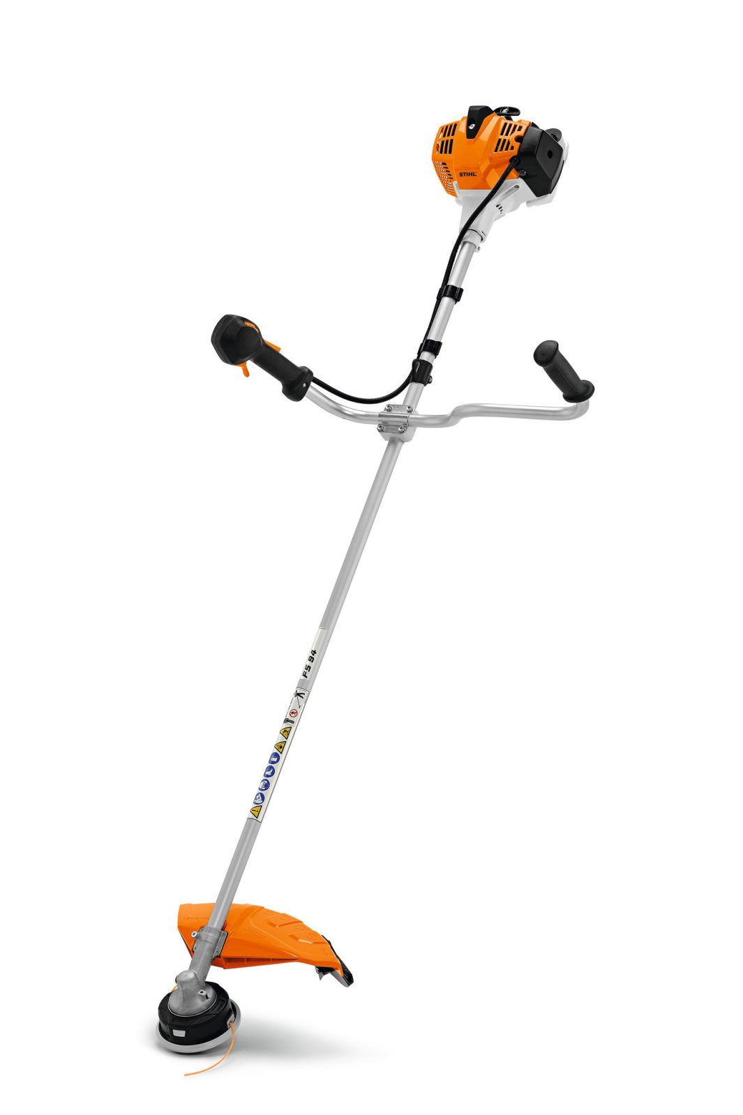 The Stihl FS 94 C-E Brushcutter has an orange engine, silver shaft, black handles, orange guard, and fits the GSB 230-4 blade.