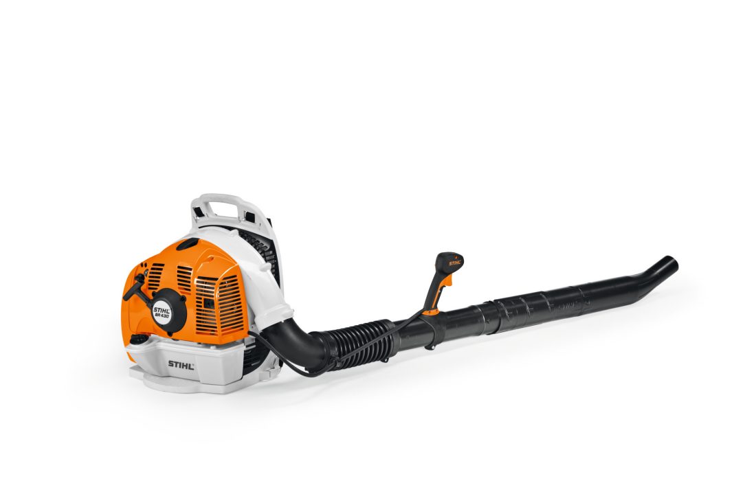 The Stihl BR 430 Backpack Blower features an orange and white engine, black flexible hose, and a long black nozzle on a white background.