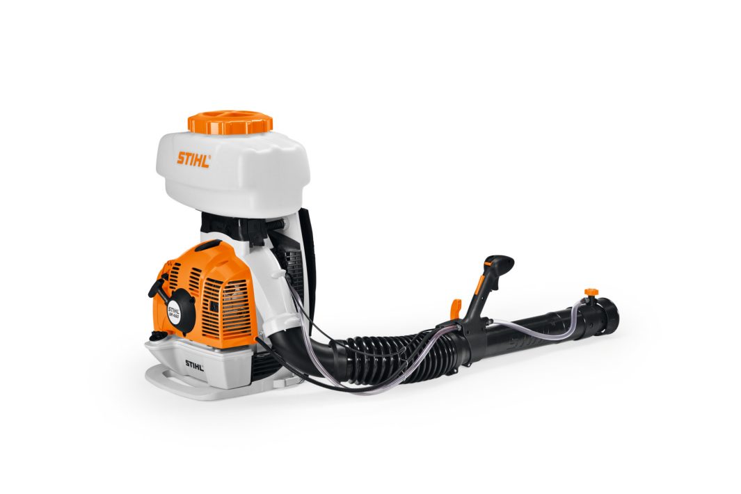 The Stihl SR 450 Mistblower features an orange and white engine, top white tank, and black hose with nozzle on a white background.