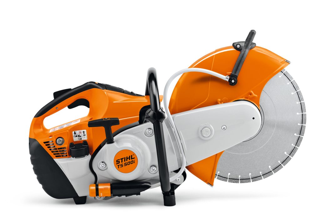 The Stihl TS 500i cut-off saw has an orange and white body, black handle, and large silver blade for heavy-duty cutting tasks.