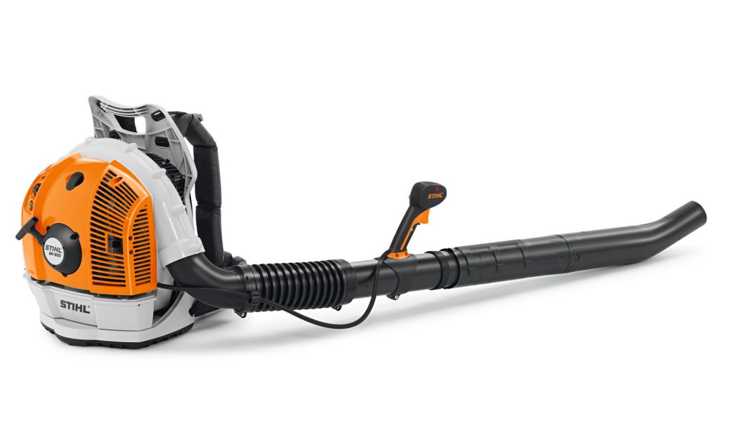The Stihl BR 600 Backpack Blower features an orange and white engine housing, black flexible hose, and a control handle on the nozzle.