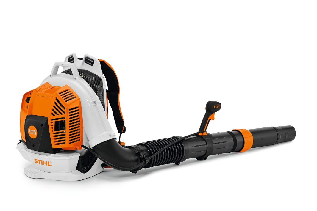 The Stihl BR 800 C-E backpack blower has an orange and white engine housing, black and orange tube, and padded shoulder straps.