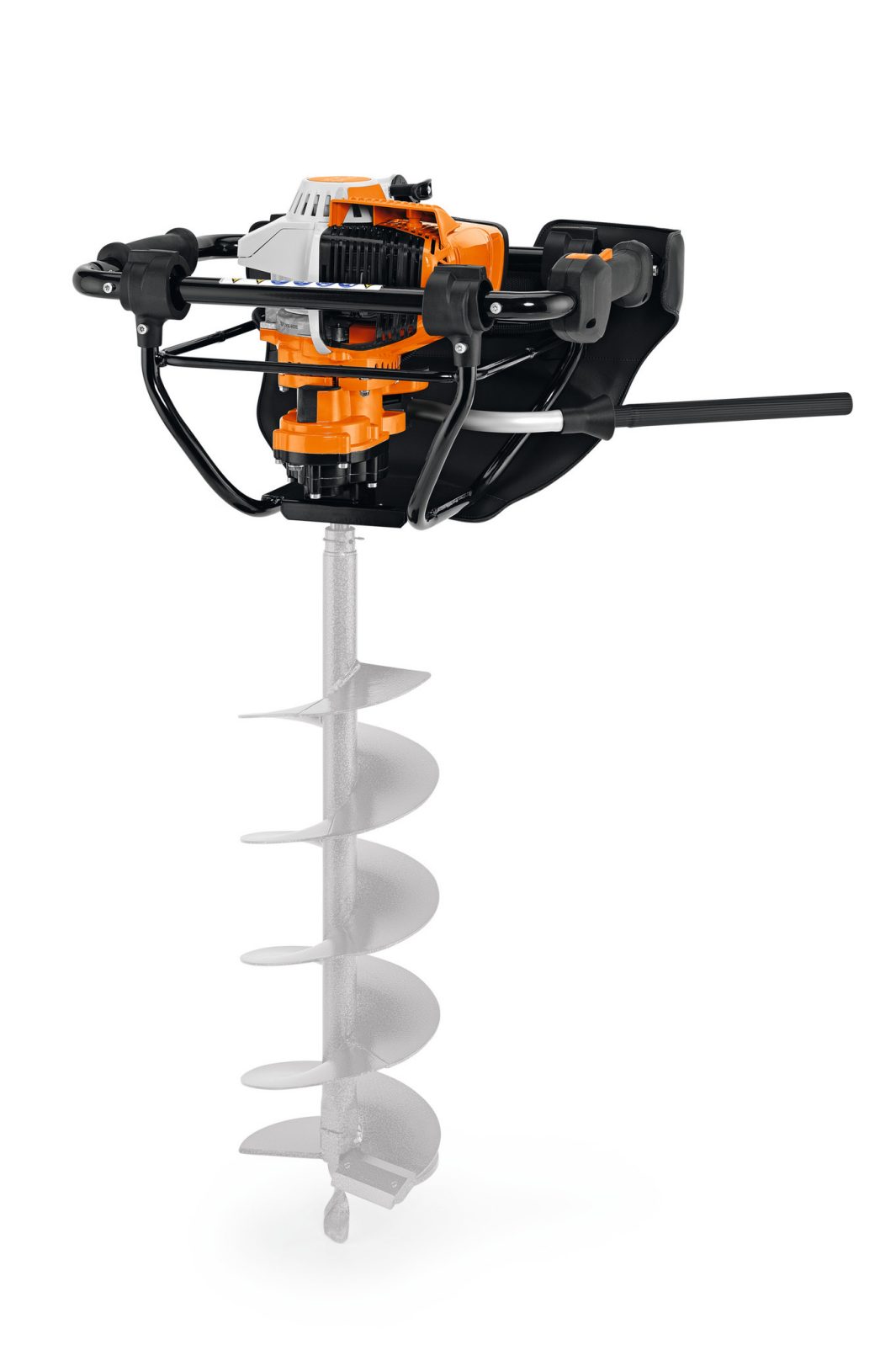 The Stihl BT 131 Earth Auger has sturdy handlebars, a bright orange engine, and a steel spiral drill bit for ground hole digging.