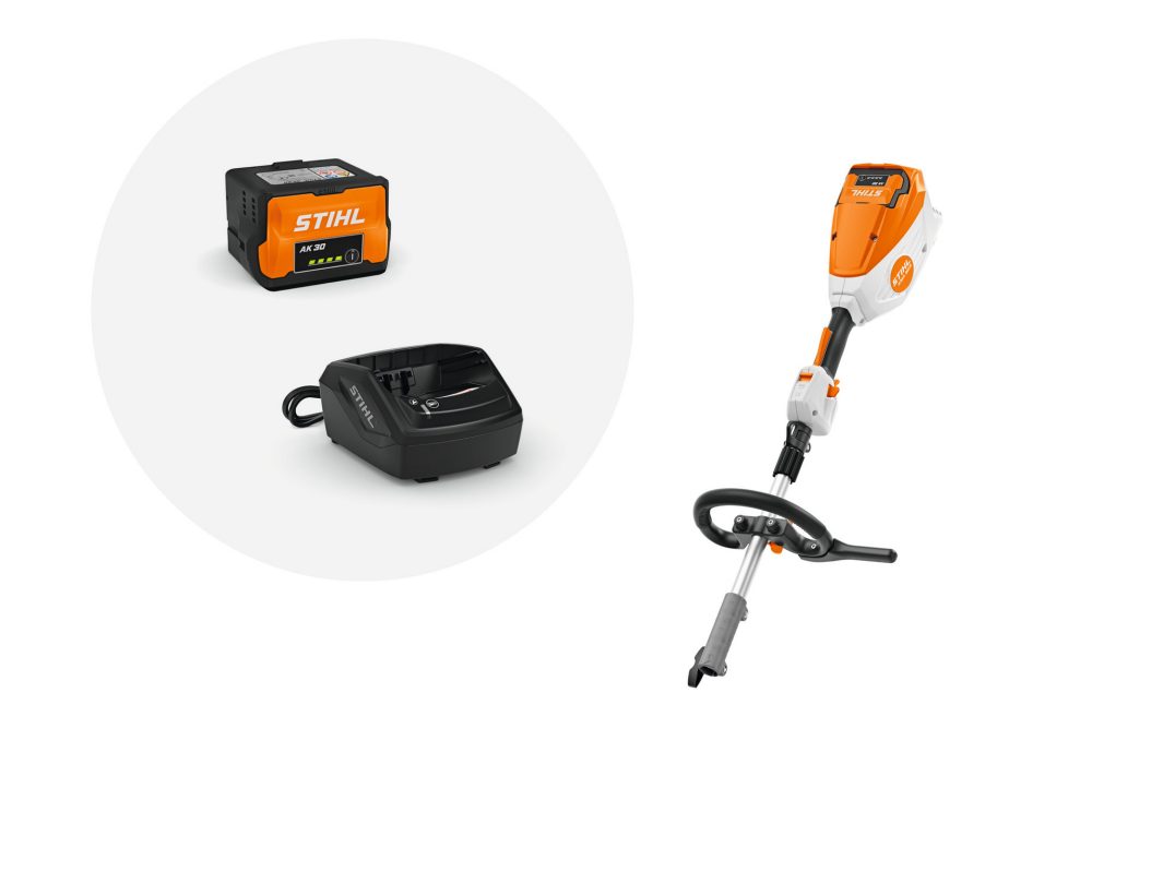 The Stihl KMA 80 R KombiMotor KIT includes an orange and white cordless strimmer, black handle, battery, and charger on white background.