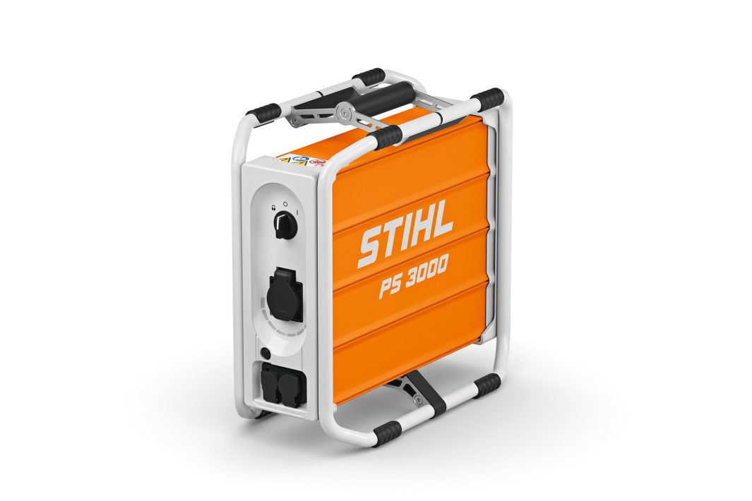 The Stihl PS 3000.0 power supply has an orange and white casing, black sockets, and a sturdy frame on a white background.