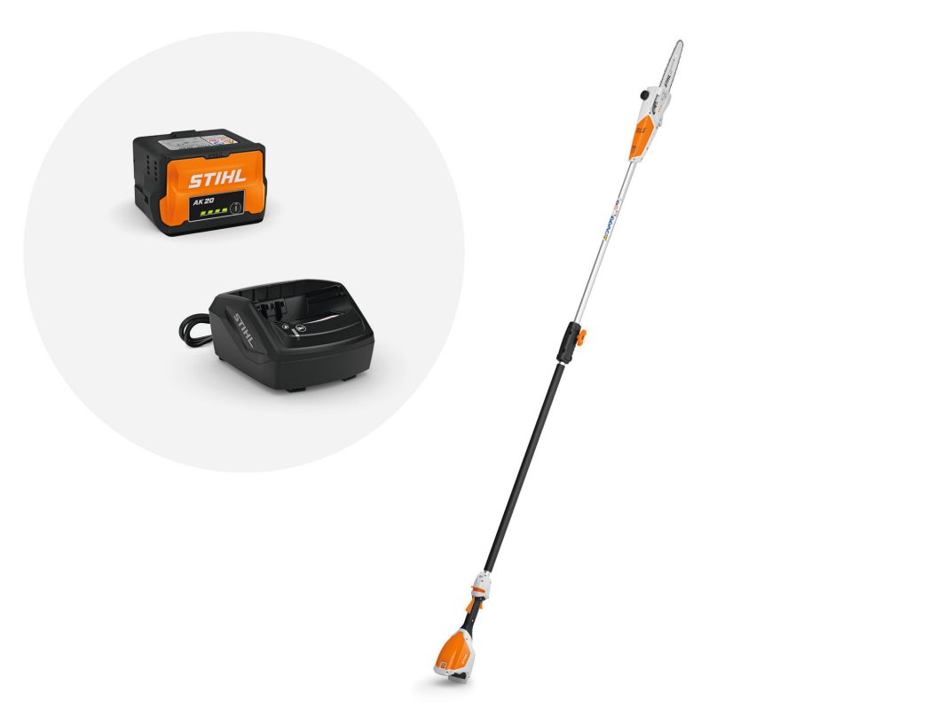 The Stihl HTA 50 Pole Pruner KIT features a cordless orange and white pruner with an inset showing its battery and charger.