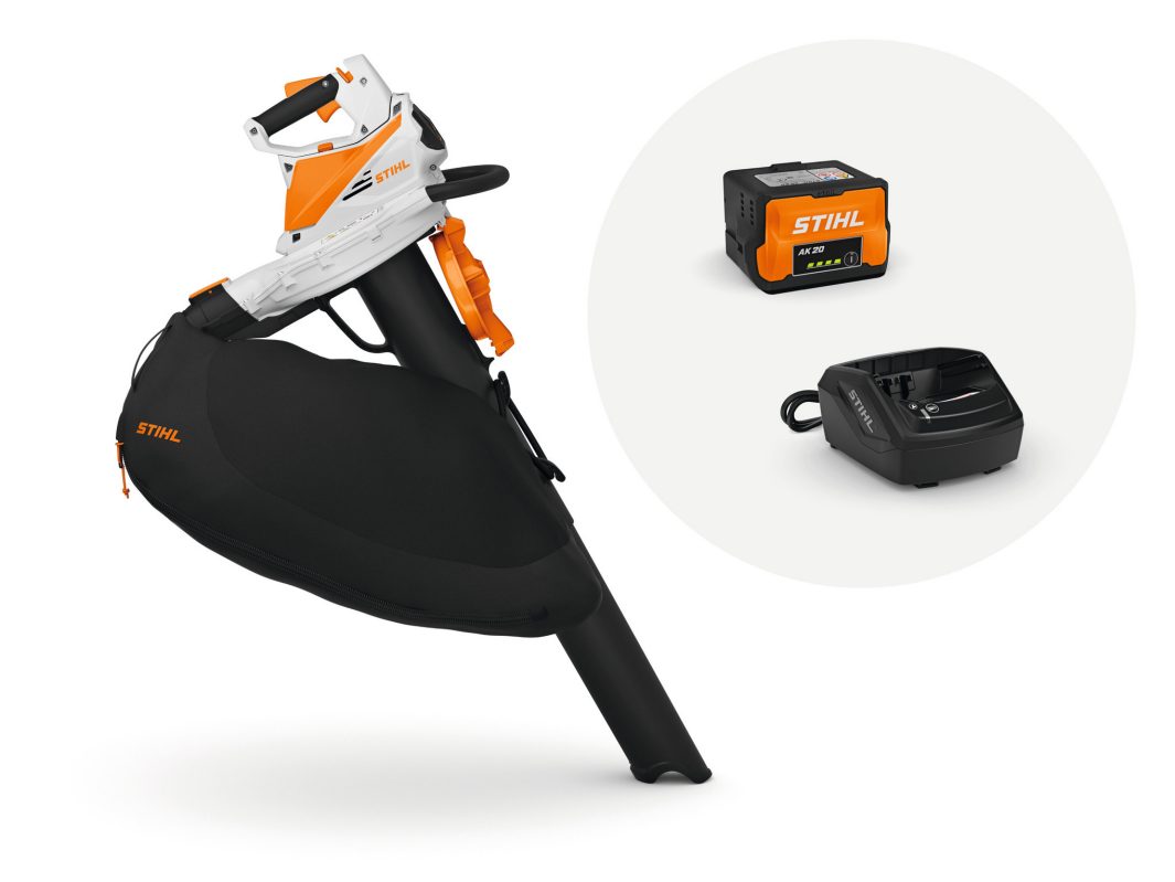 The Stihl SHA 56 Blower/Vac KIT is shown with a black collection bag, AK20 battery, and AL101 charger on a white background.