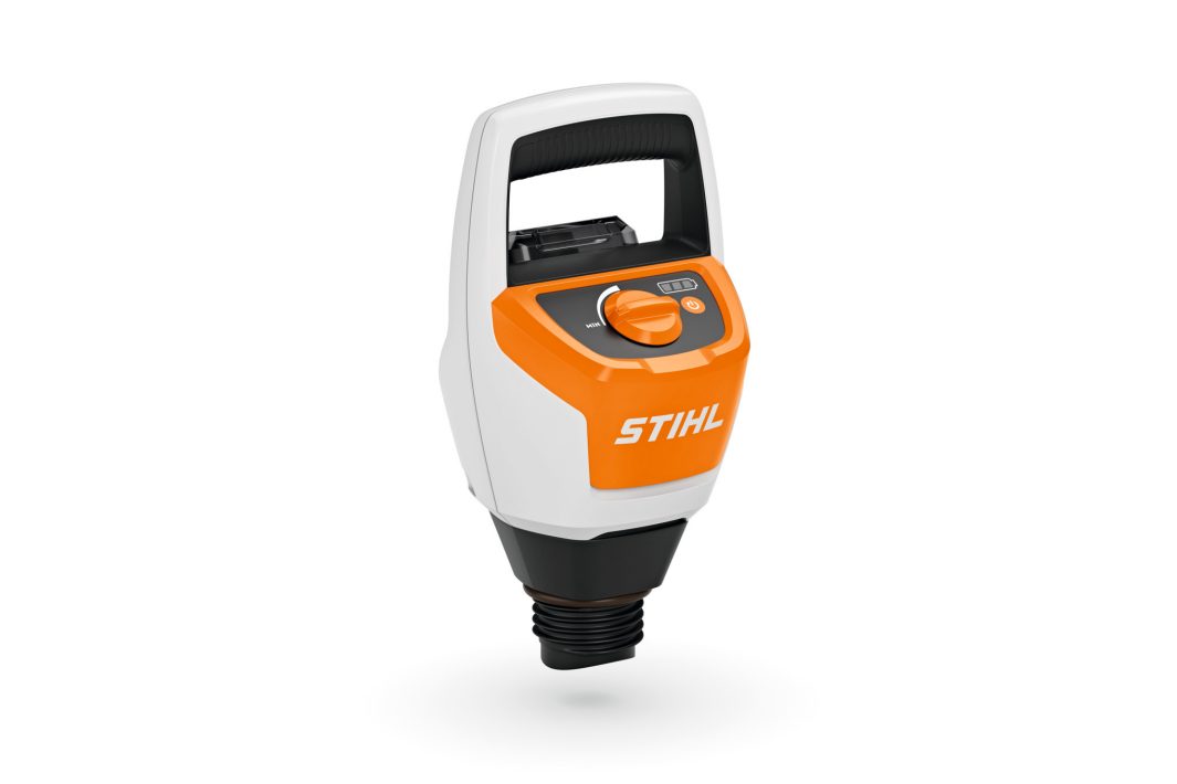 The Stihl PKA 30.0 (AS) Pump head in white, orange, and black has a digital display, control dial, and threaded connector.