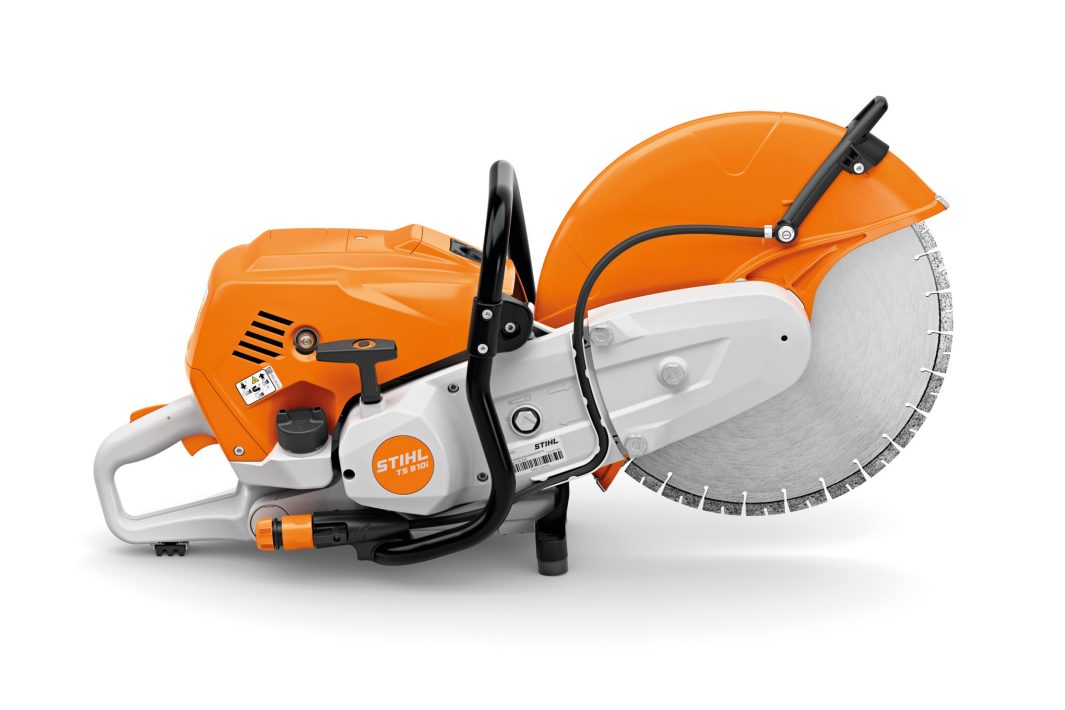 The Stihl TS 910.0i 40cm/16" orange and white cut-off saw with a large circular blade is shown on a plain white background.